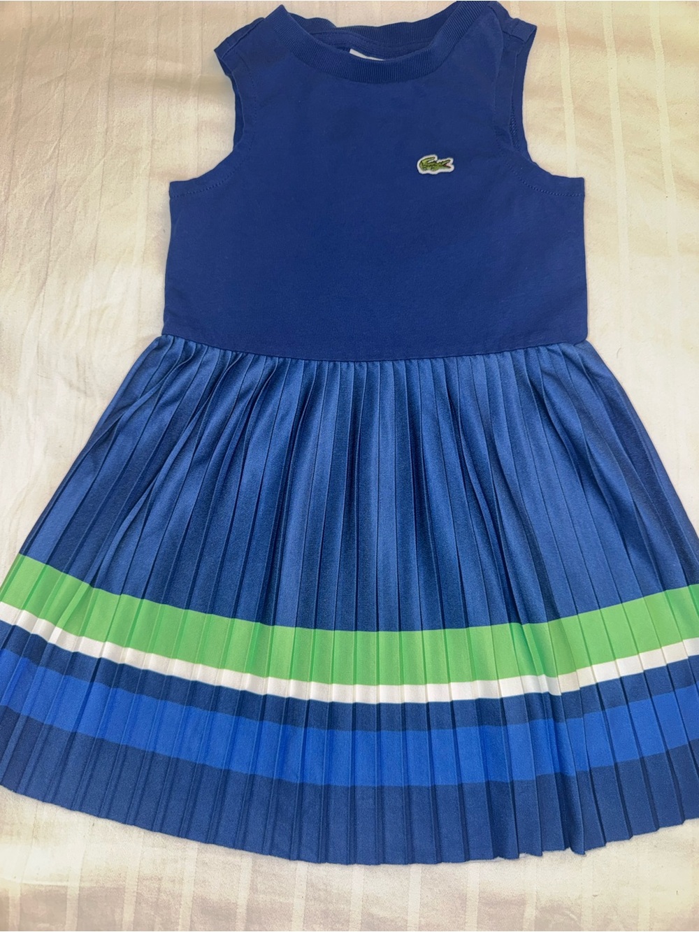 Lacoste Blue Sleeveless Pleated Dress with Green Stripe